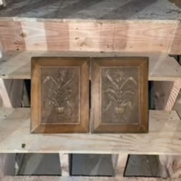 Two Matching Antique 19th Century Flower & Leaves in Pot Hand-carved Wood Panels